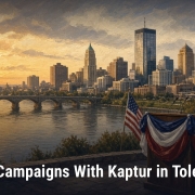 Fostoria News Toledo skyline at sunset with American flags and patriotic decorations.